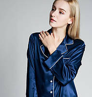 Піжама жіноча шовкова синя. Комплект шовковий для дому, сну з довгим рукавом (розмір XS S M L XL XXl), фото 3