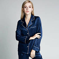 Пижама женская шелковая синяя. Комплект шелковый для дома, сна с длинным рукавом (размер XS S M L XL XXl)