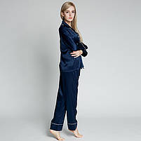Піжама жіноча шовкова синя. Комплект шовковий для дому, сну з довгим рукавом (розмір XS S M L XL XXl), фото 4