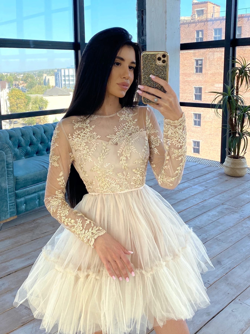 Пишне коротке плаття з фатиновой спідницею і мереживним верхом з довгим рукавом (р. S, M) 66031766Е, фото 1