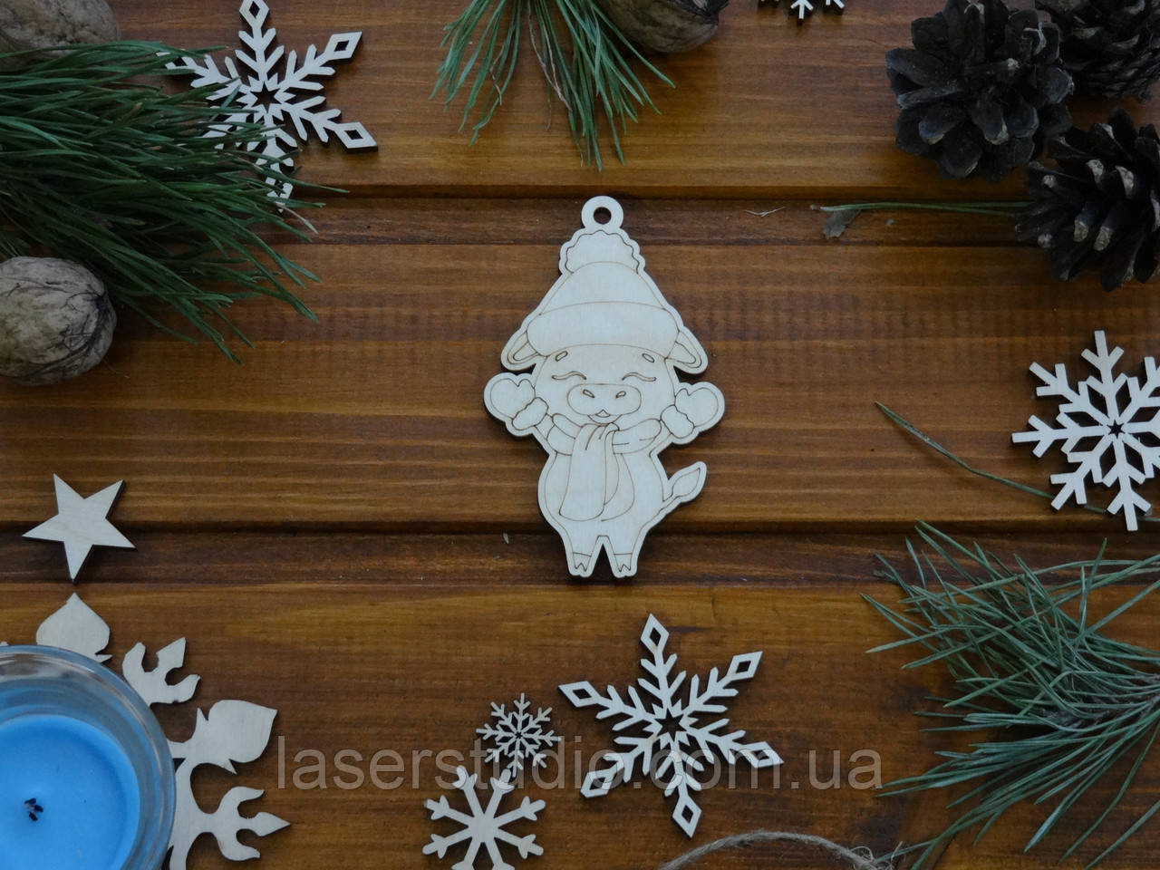 Дерев'яна новорічна іграшка Бичок у Шапці, фото 1