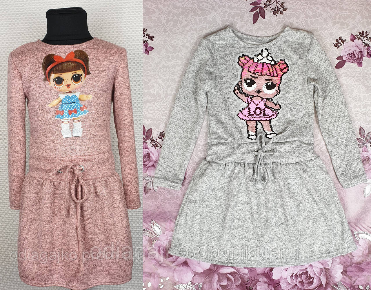 Платье детское для девочки Лол серое 140см трикотаж+ аппликация пайетки - фото 4 - id-p853344583
