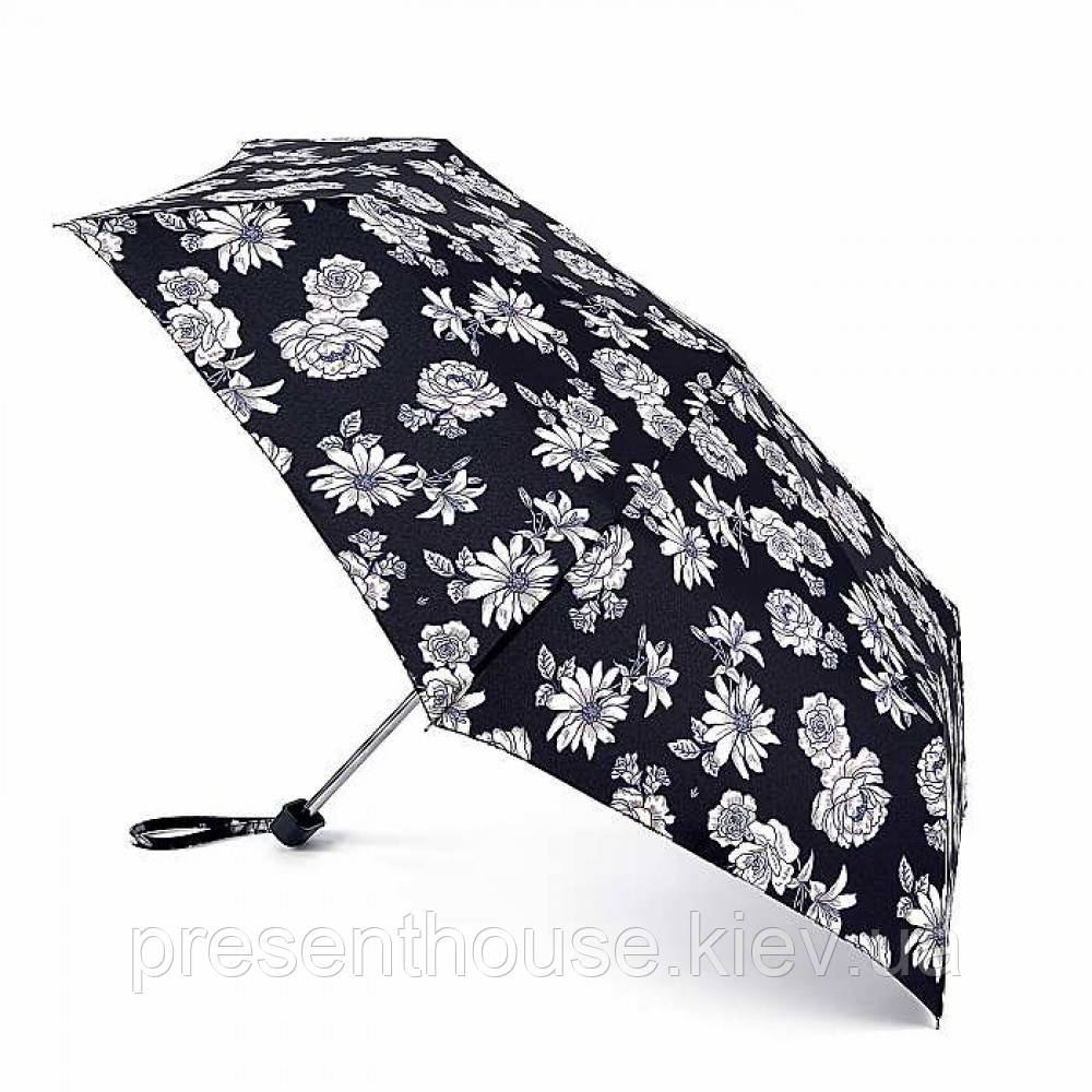 Парасолька жіноча Fulton L340 Miniflat-2 Black and White Floral (Чорно-білі квіти)