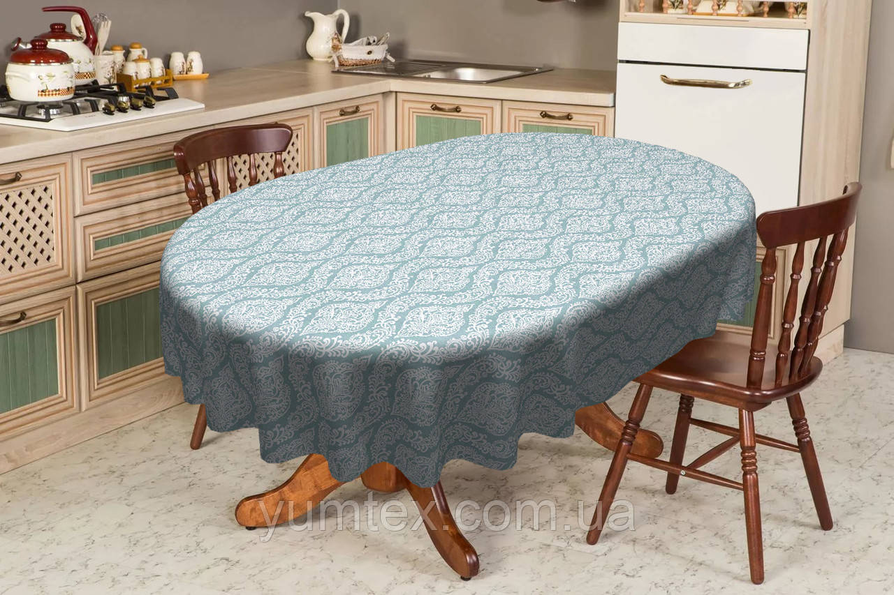 Скатертина овальна бавовна тефлон водовідштовхувальне гідрофобне просочення білі візерунки на блакитному тлі, фото 1