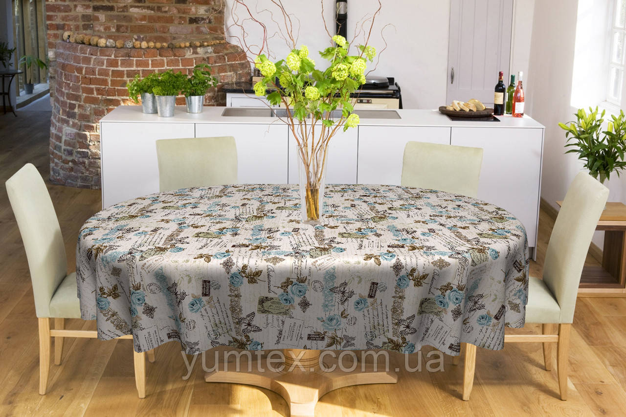 Скатертина овальна бавовна тефлон водовідштовхувальне гідрофобне просочення принт блакитні квіти, фото 1
