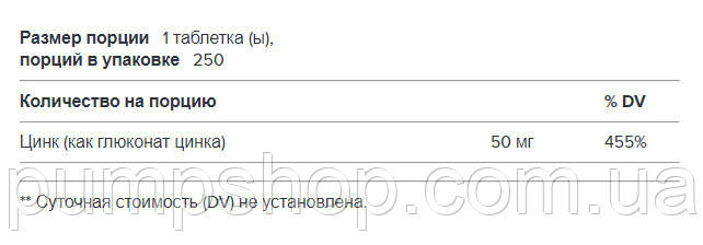 Цинк глюконат GNC Zinc 50 mg 250 таб., фото 3