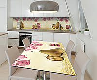 Наклейка 3Д виниловая на стол Zatarga «Золотые Груши и Орхидеи» 600х1200 мм для домов, квартир, столов,
