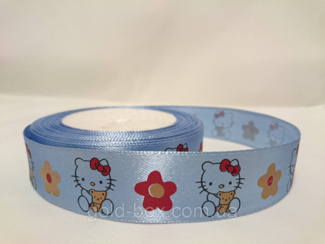 Лента атласная с рисунком 2,5см голубая "Hello Kitty" - фото 1 - id-p182507537