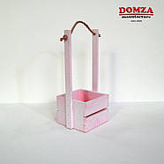 Ящик дерев'яний з ручкою з мотузки рожевий з білим, 12х12х10(30) см, фото 3