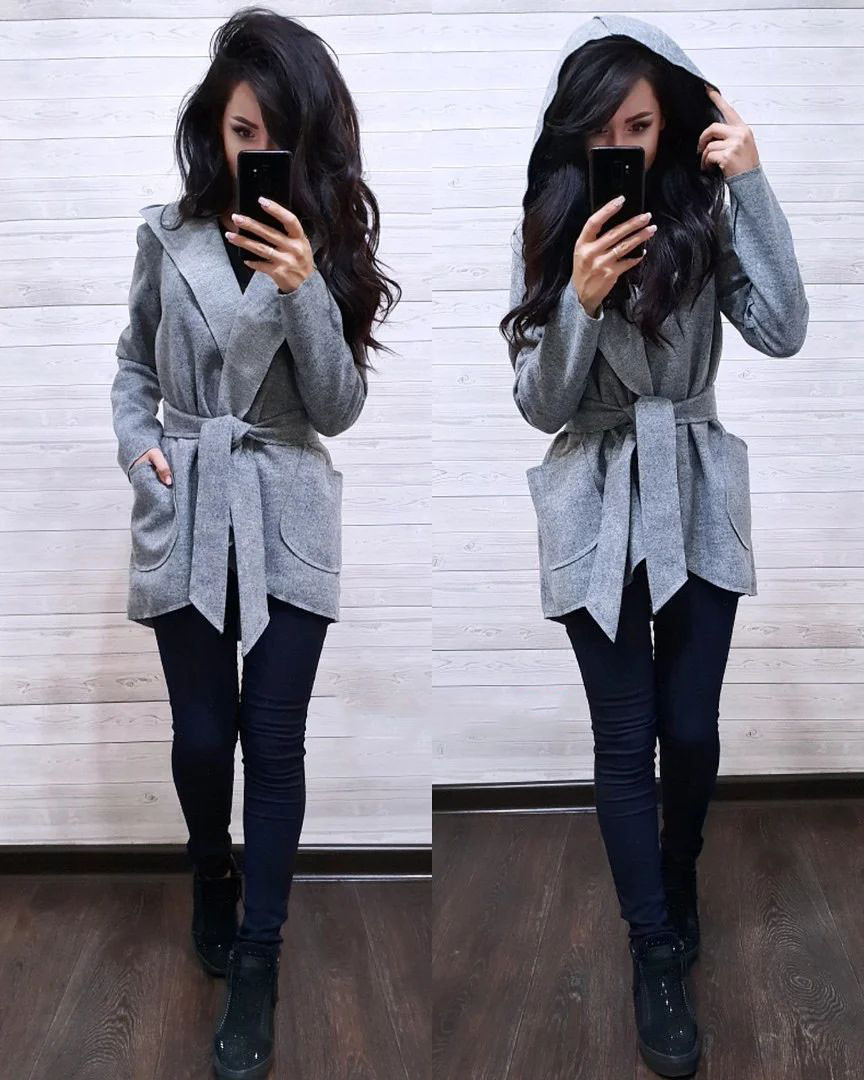 Пальто з поясом кишенями та капюшоном кашемір, фото 1