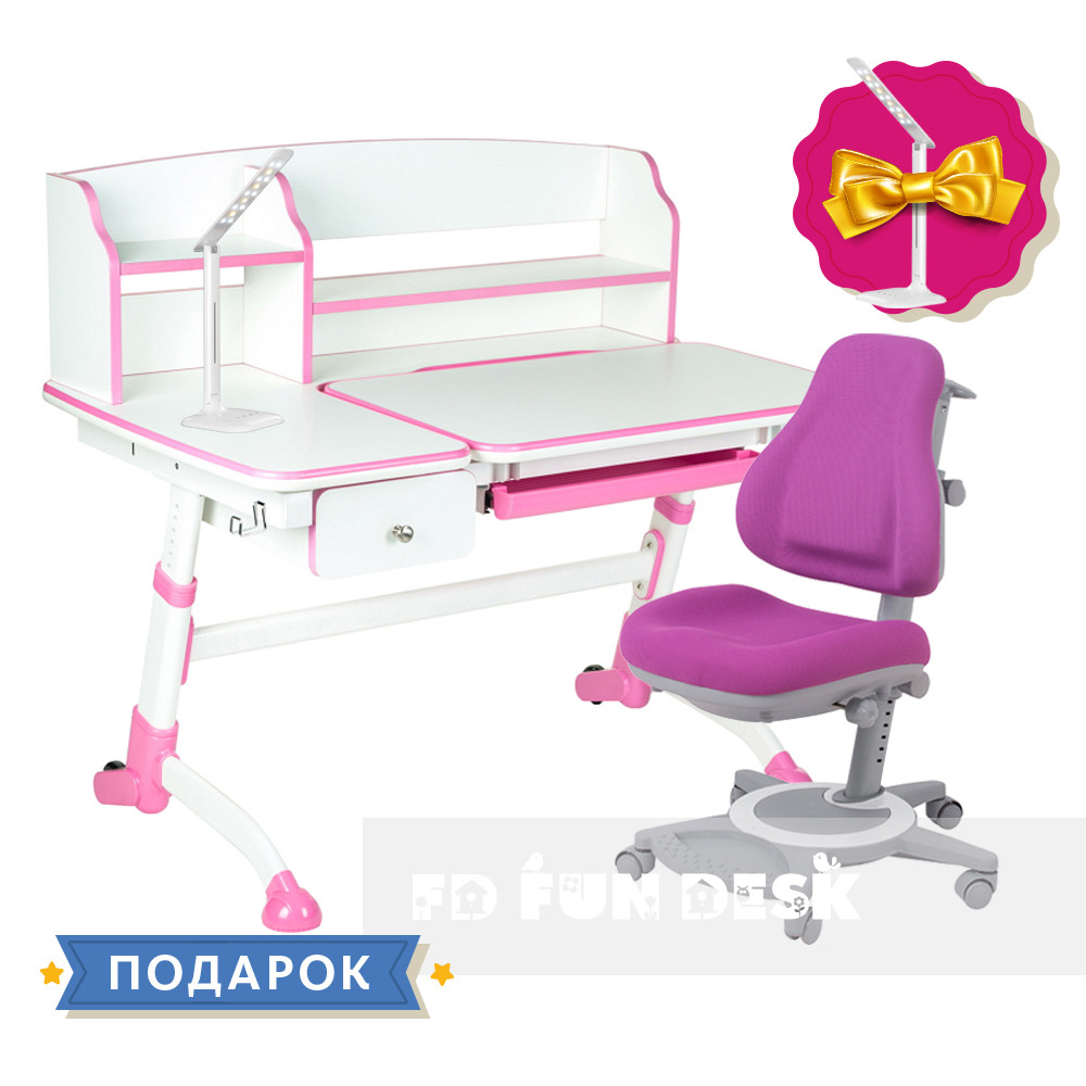 Комплект для дівчинки 👧 парта Amare II Pink з висувним ящиком + крісло FunDesk Bravo Purple, фото 1