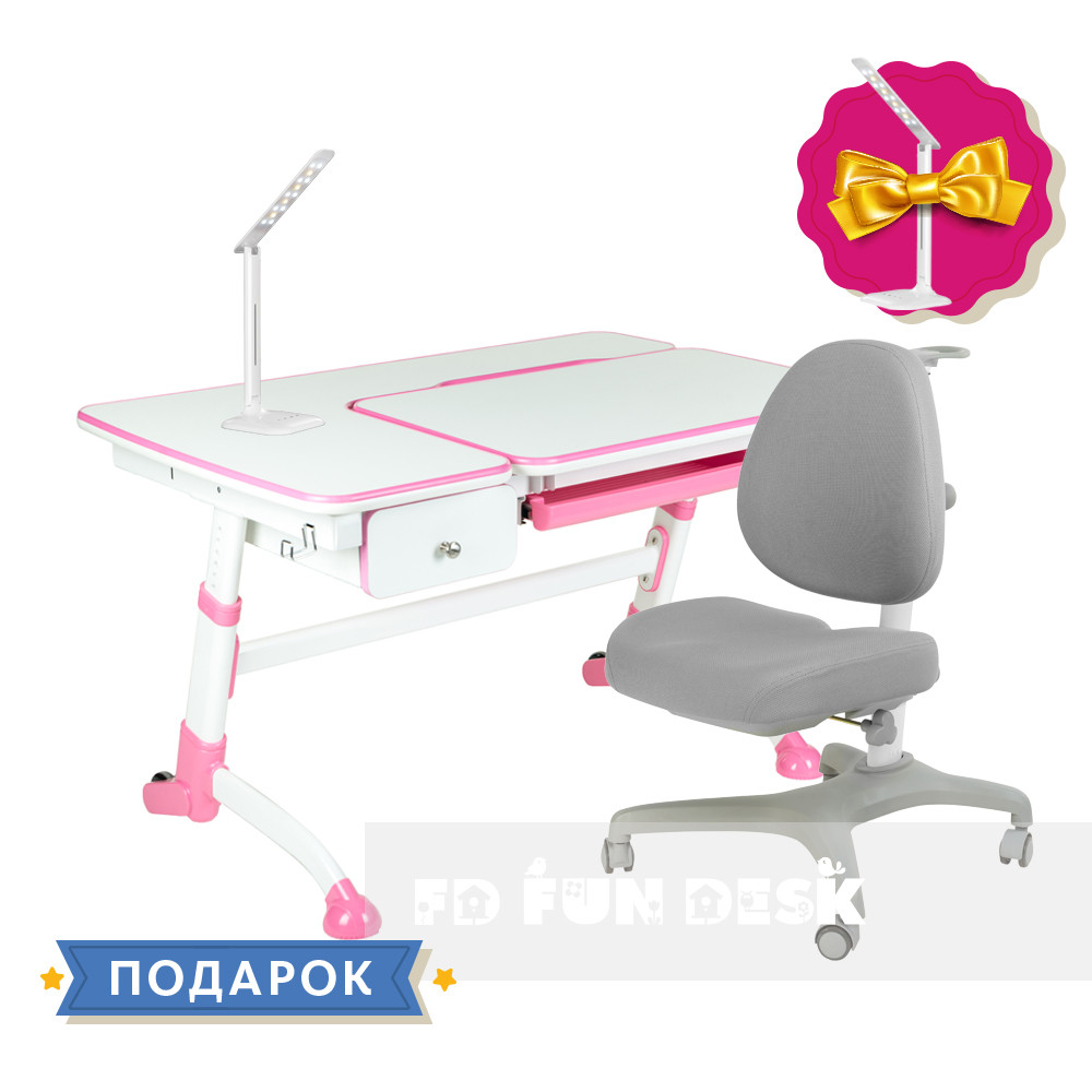 Комплект підліткова парта для школи Amare Pink + ортопедичне крісло Bello I Grey, фото 1