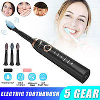 Электрическая ультразвуковая водонепроницаемая зубная щётка 5 скоростей с USB зарядкой + 3 сменные насадки