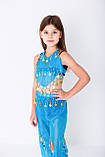 Дитячий східний костюм для танців живота яскравий топ з монетками і штани блакитного кольору, фото 4