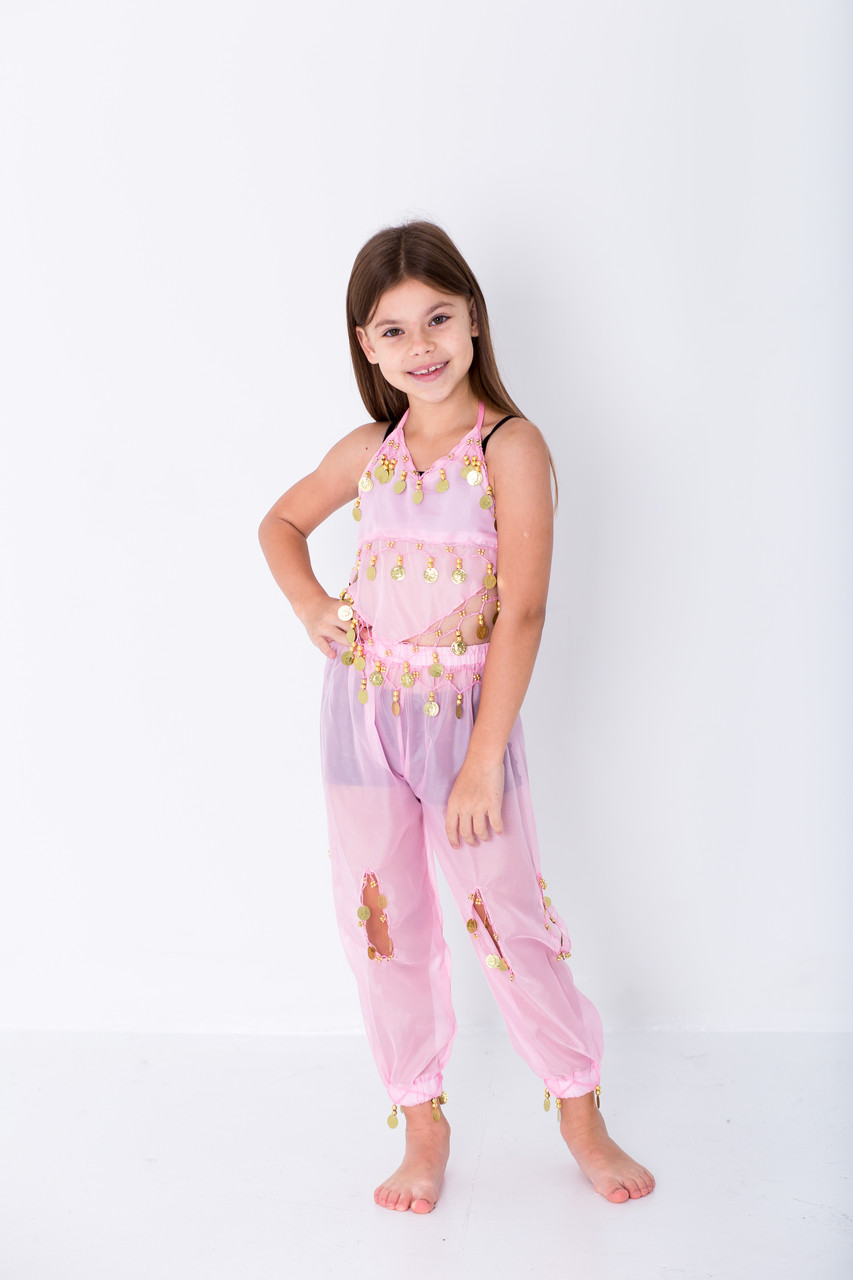 Східний танцювальний костюм для танцю живота дитячий з монетками рожевого кольору