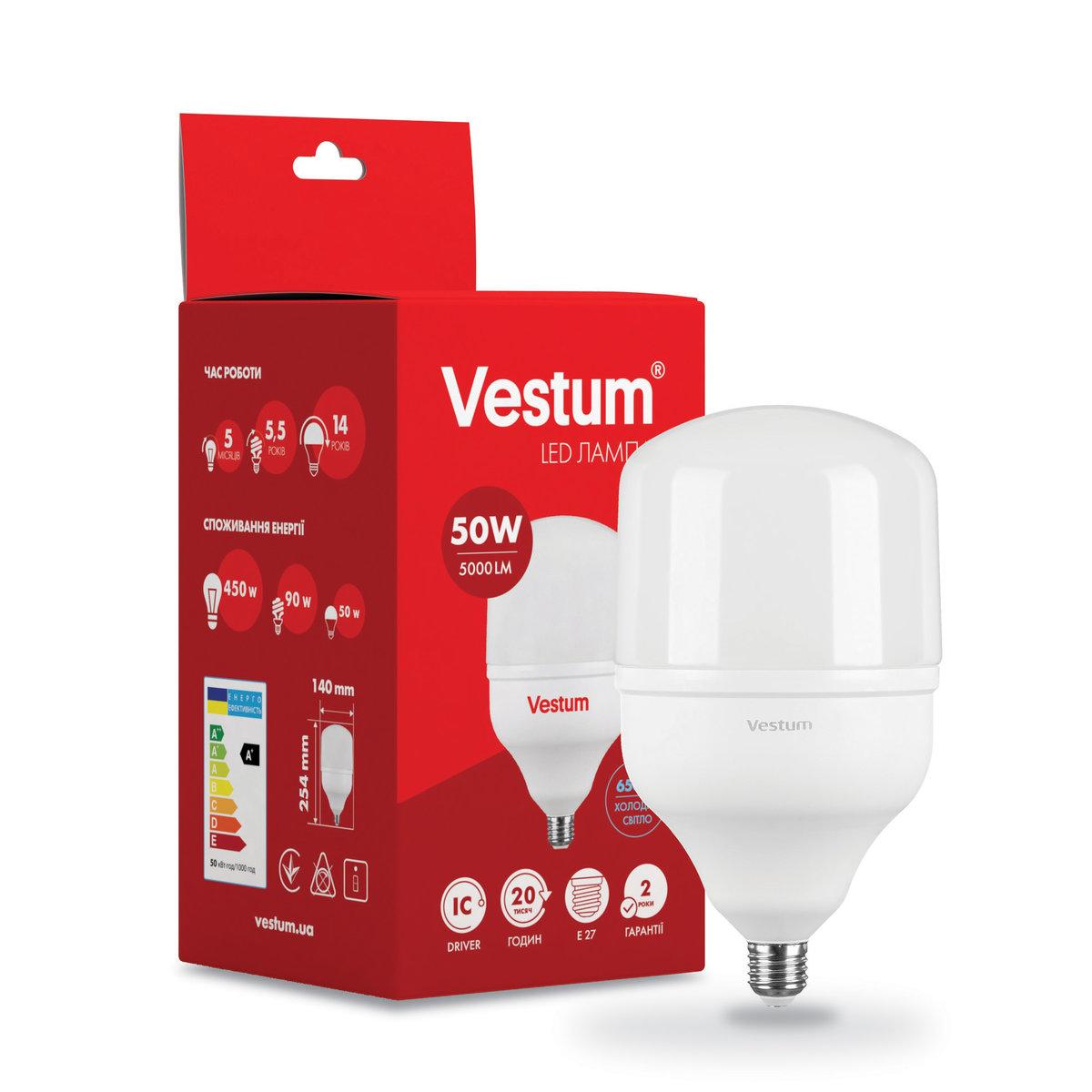 Лампа светодиодная Vestum T140 50W 6500K 220V E27 (1-VS-1604)