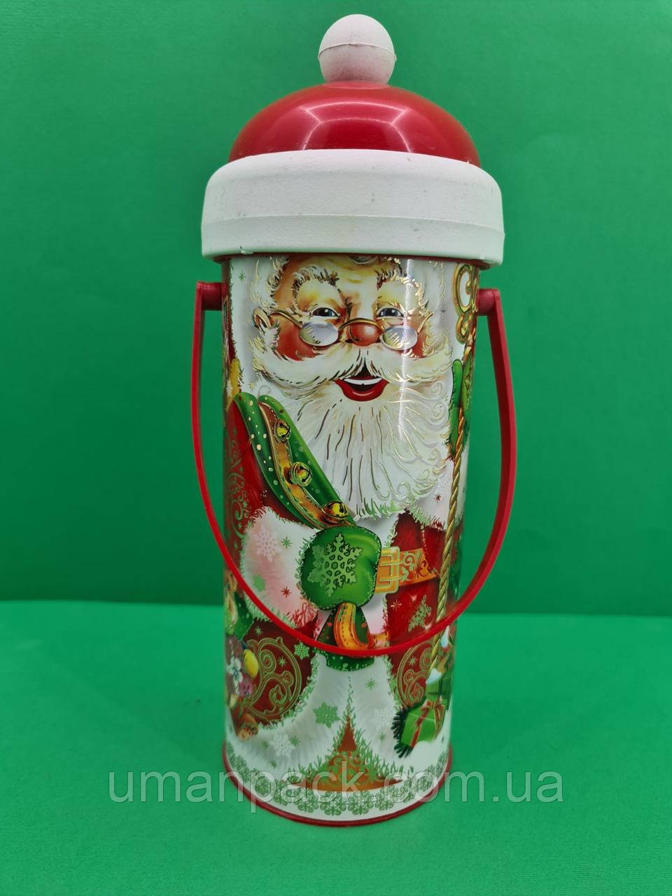 Новорічна подарункова картонна упаковка тубус для цукерок середній /Дід Мороз і ведмежа(d-87*205mm) (1 шт)