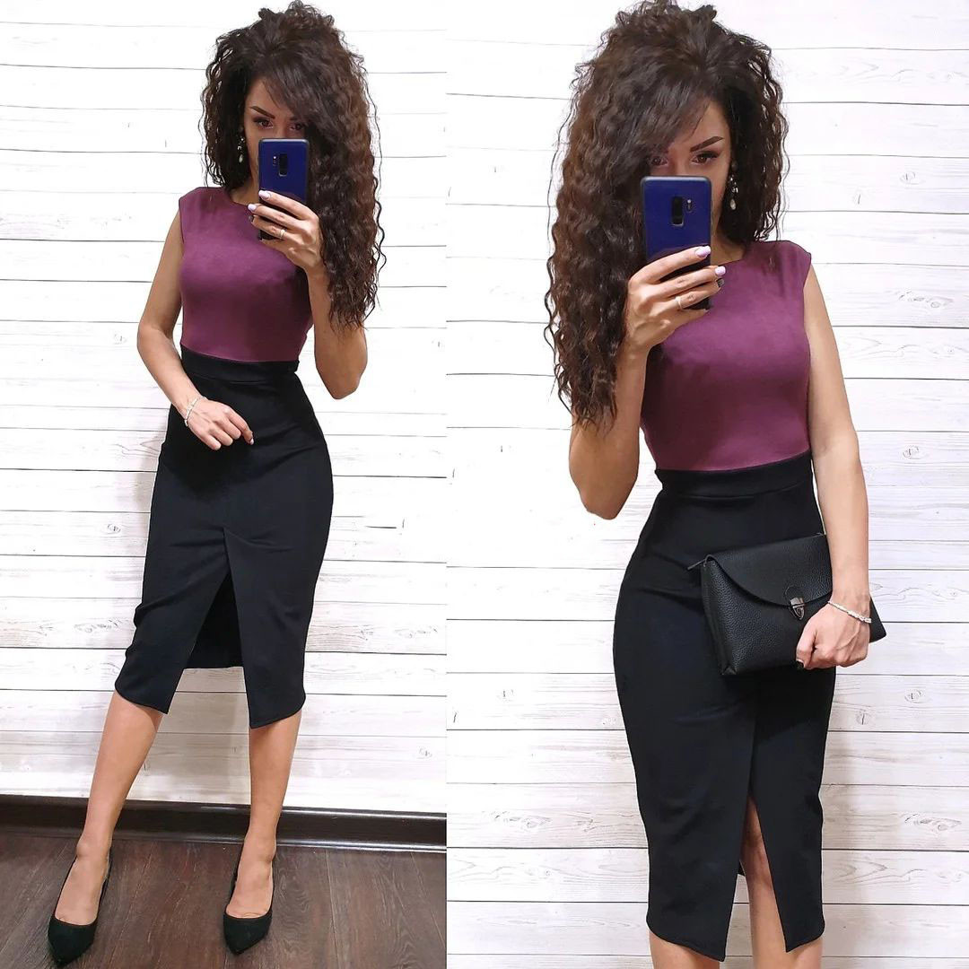 Плаття олівець висока талія з розрізом замш, фото 1