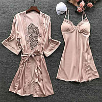 Комплект шелковый пеньюар и ночная рубашка розовый размер 44