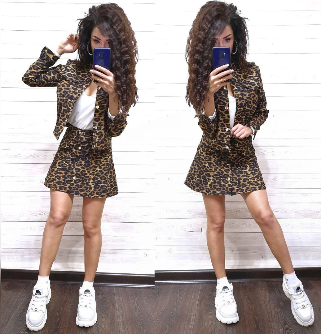 Костюм джинсовий леопардовий принт спідниця з кишенями та куртка, фото 1