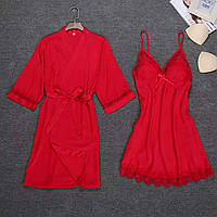 Комплект шелковый пеньюар и ночная рубашка красный размер 44