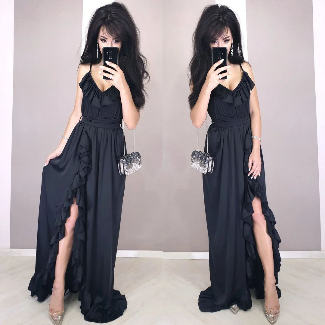 Стильне шовкове плаття в підлогу з рюшами та поясом, фото 1