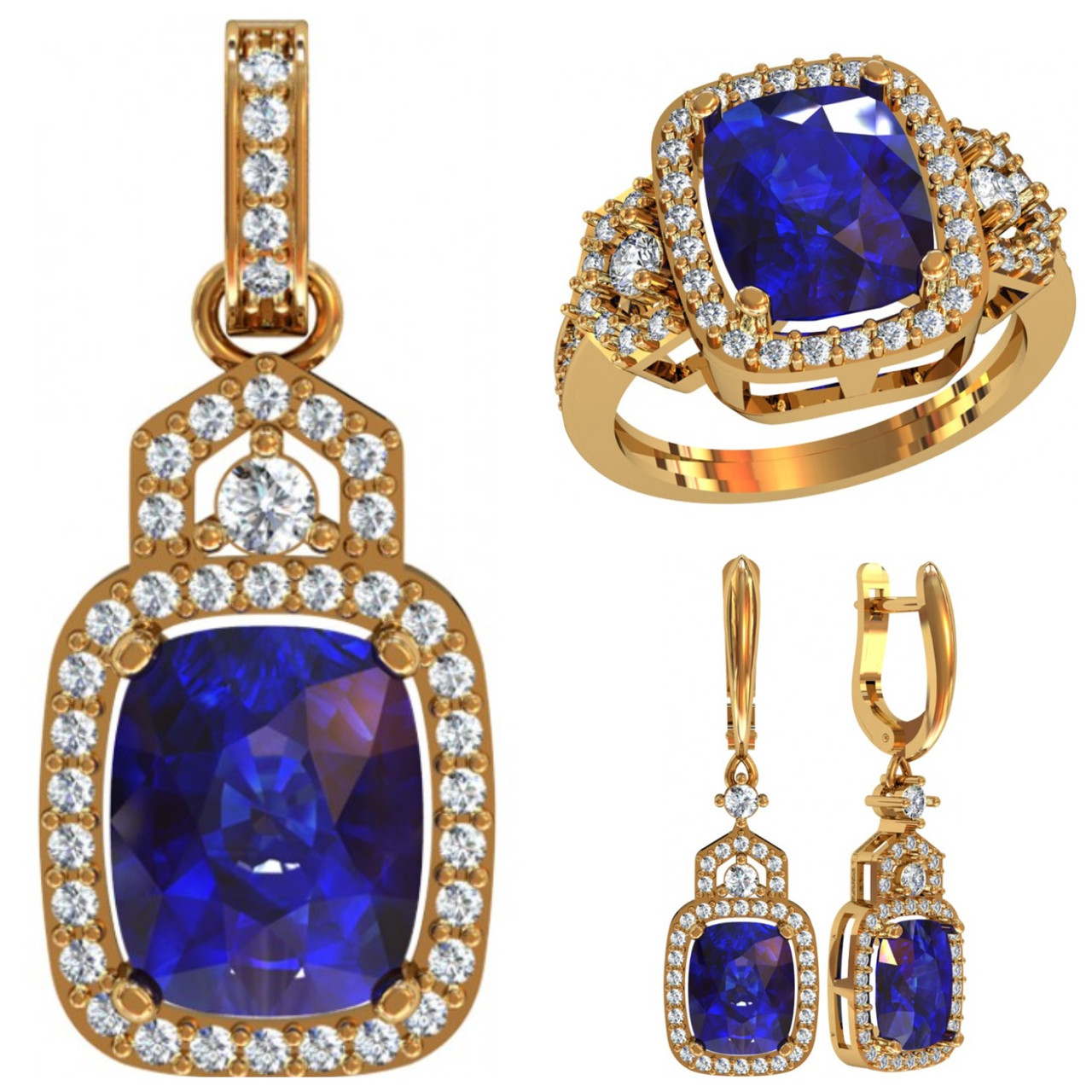 Набір з Октагонами, Сережки, Кільце, Кулон,  срібло 925, золото 585/750