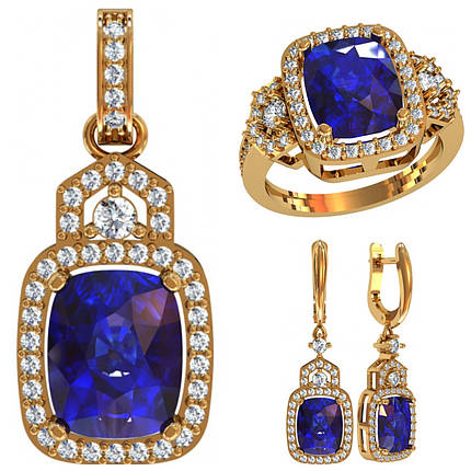 Набір з Октагонами, Сережки, Кільце, Кулон, срібло 925, золото 585/750, фото 1