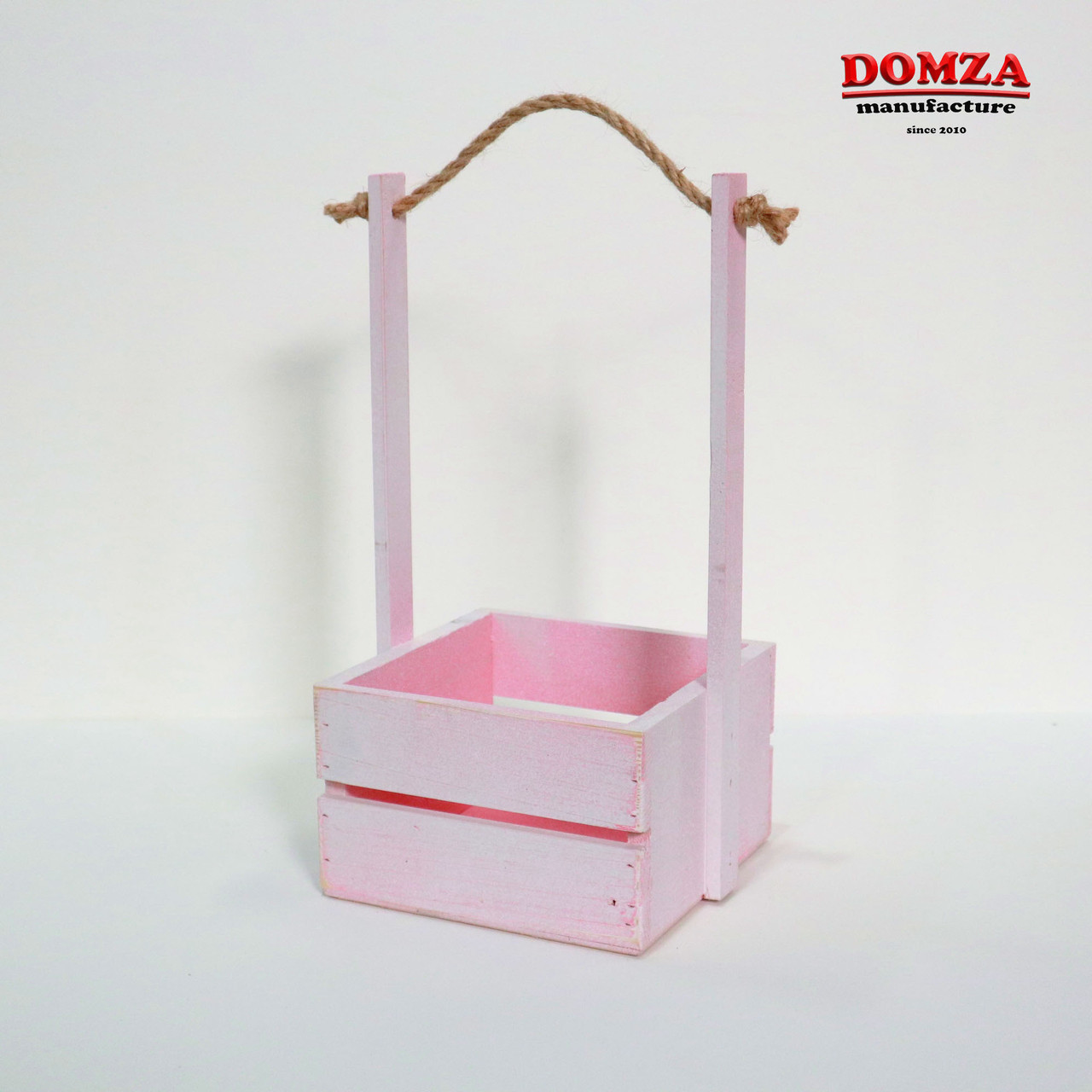 Ящик дерев'яний з ручкою з мотузки рожевий із білими потертостями, 15х15х10(30) см