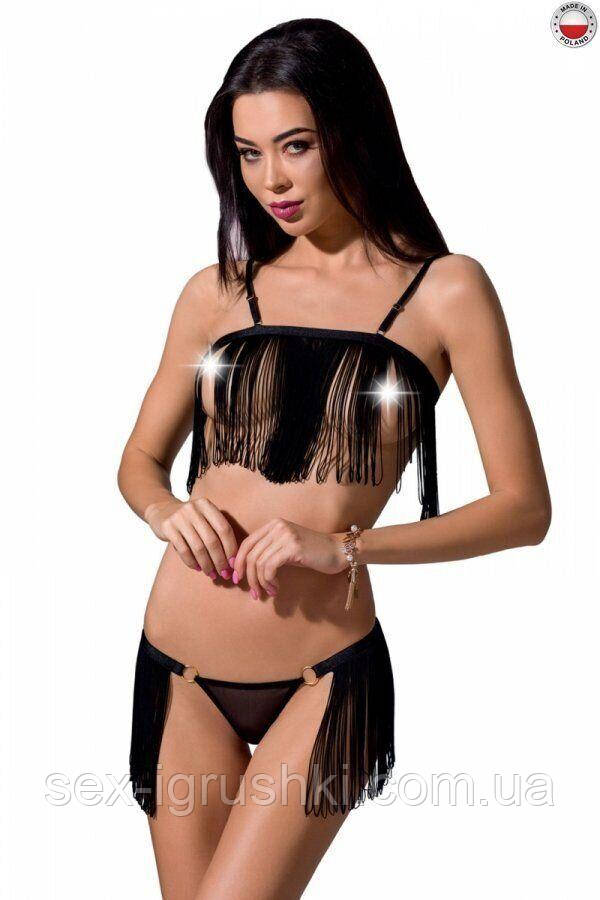 Комплект білизни KASSANDRA SET OpenBra black L/XL - Passion Exclusive: ліф з бахромою, трусики-спідн PS26301
