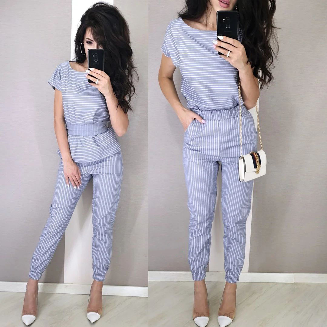 Костюм із бавовни в смужку штани та кофта з поясом із коротким рукавом, фото 1
