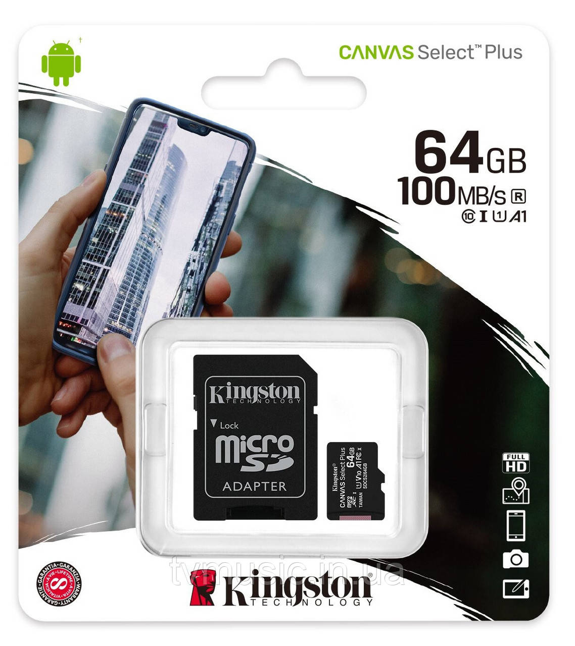 Картка пам'яті Kingston Canvas Select Plus microSDHC 64 GB Class 10 UHS-I U1 V10 A1 + SD-адаптер (SDCS2/64GB)