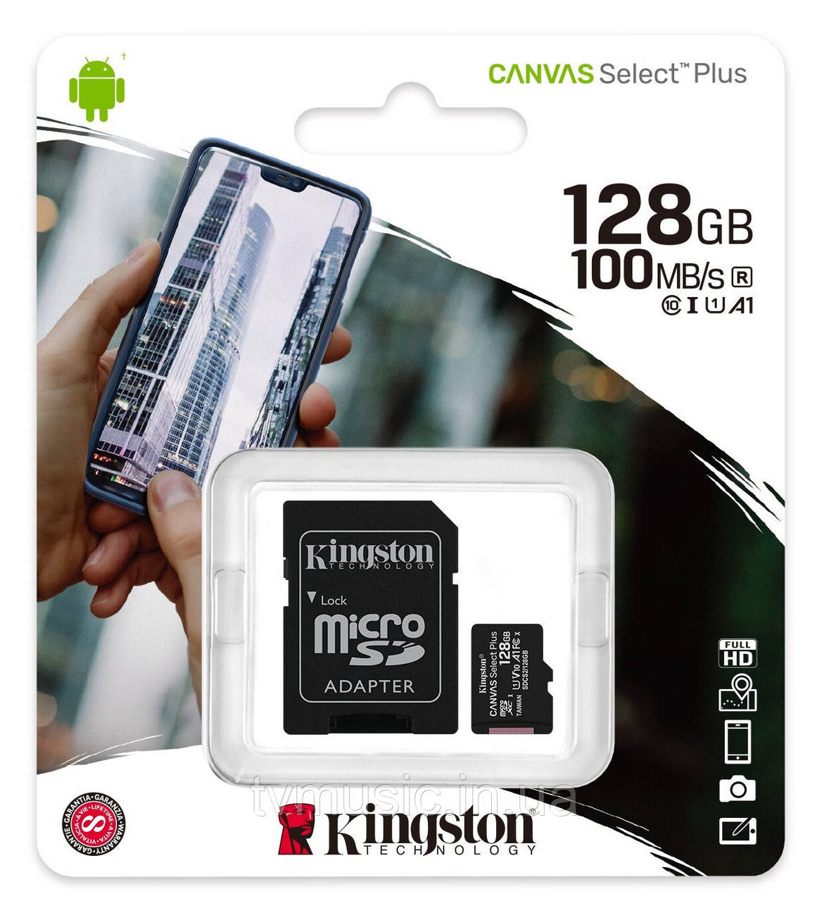 Картка пам'яті Kingston Canvas Select Plus microSDHC 128 GB Class 10 UHS-I U1 V10 A1 + SD-адаптер (SDCS2/128GB), фото 1