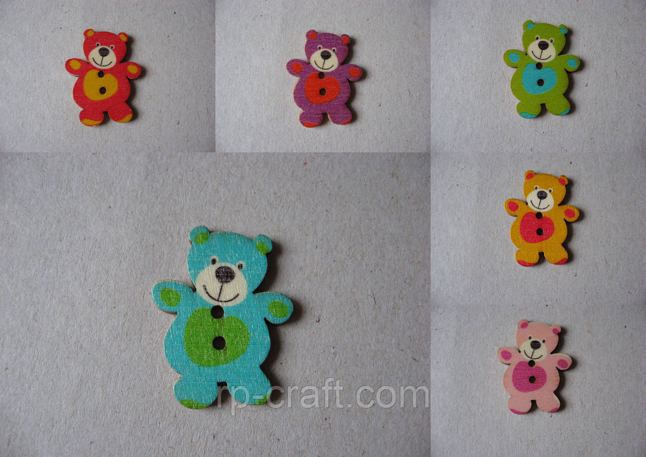 Гудзик дерев'яний, декоративний. Ведмідь іграшка, 24х30 мм, фото 1