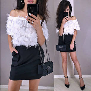 Крутий костюм кофта з відкритими плечима та спідниця міні з кишенями, фото 1