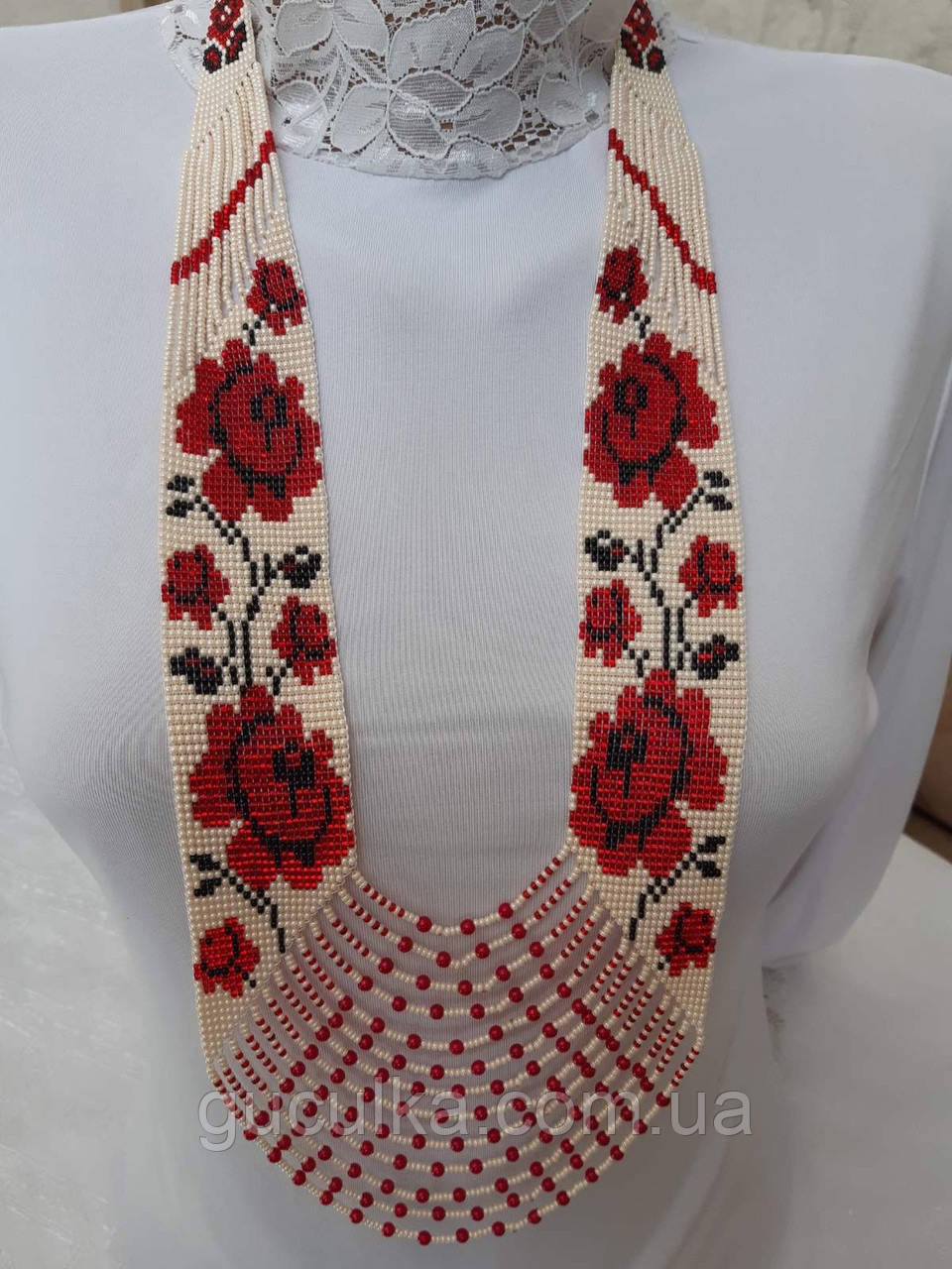 Гердан з бісеру широкий круглий ручної роботи «Трояндові роси", фото 1