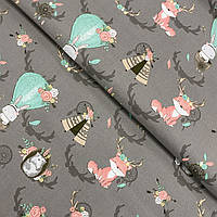 Польская хлопковая ткань "Лисички, зайчики, ежыки с шарами на графитовом"