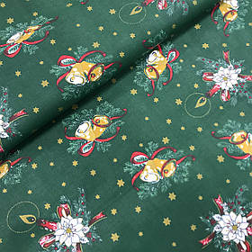 Польська бавовняна тканина "Дзвіночки зі свічкою в ялинової гілки на зеленому"