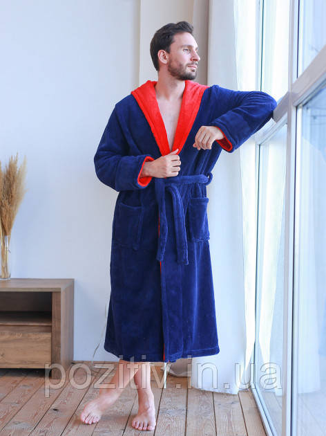 Халат чоловічий махровий з капюшоном синій, фото 1