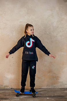 Костюм для дівчинки утеплений Чорний з принтом Зимовий костюм-двійка з капюшоном вік 6-10 років