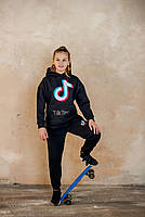 Костюм для дівчинки утеплений Чорний з принтом Зимовий костюм-двійка з капюшоном вік 6-10 років, фото 2