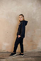 Костюм для дівчинки утеплений Чорний з принтом Зимовий костюм-двійка з капюшоном вік 6-10 років, фото 3