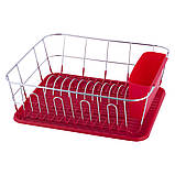 Сушарка для посуду Kamille KM-0763B 37х33х13,5см Червоний Сушарка з піддоном Сушарка для посуду настільна, фото 5