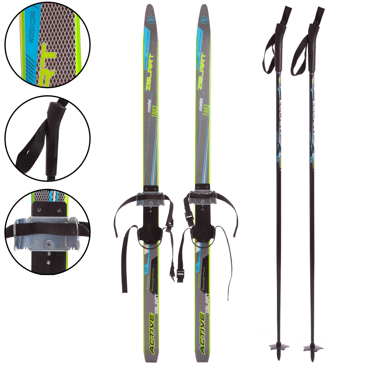 Бігові лижі спортивні прогулянкові з насічками ZELART Комплект з палицями 140 см Чорний-блакитний