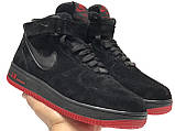 Зимові замшеві чоловічі кросівки з хутром Nike Air Force "Чорні з червоною підошвою" р. 41-45, фото 3