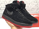 Зимові замшеві чоловічі кросівки з хутром Nike Air Force "Чорні з червоною підошвою" р. 41-45, фото 5