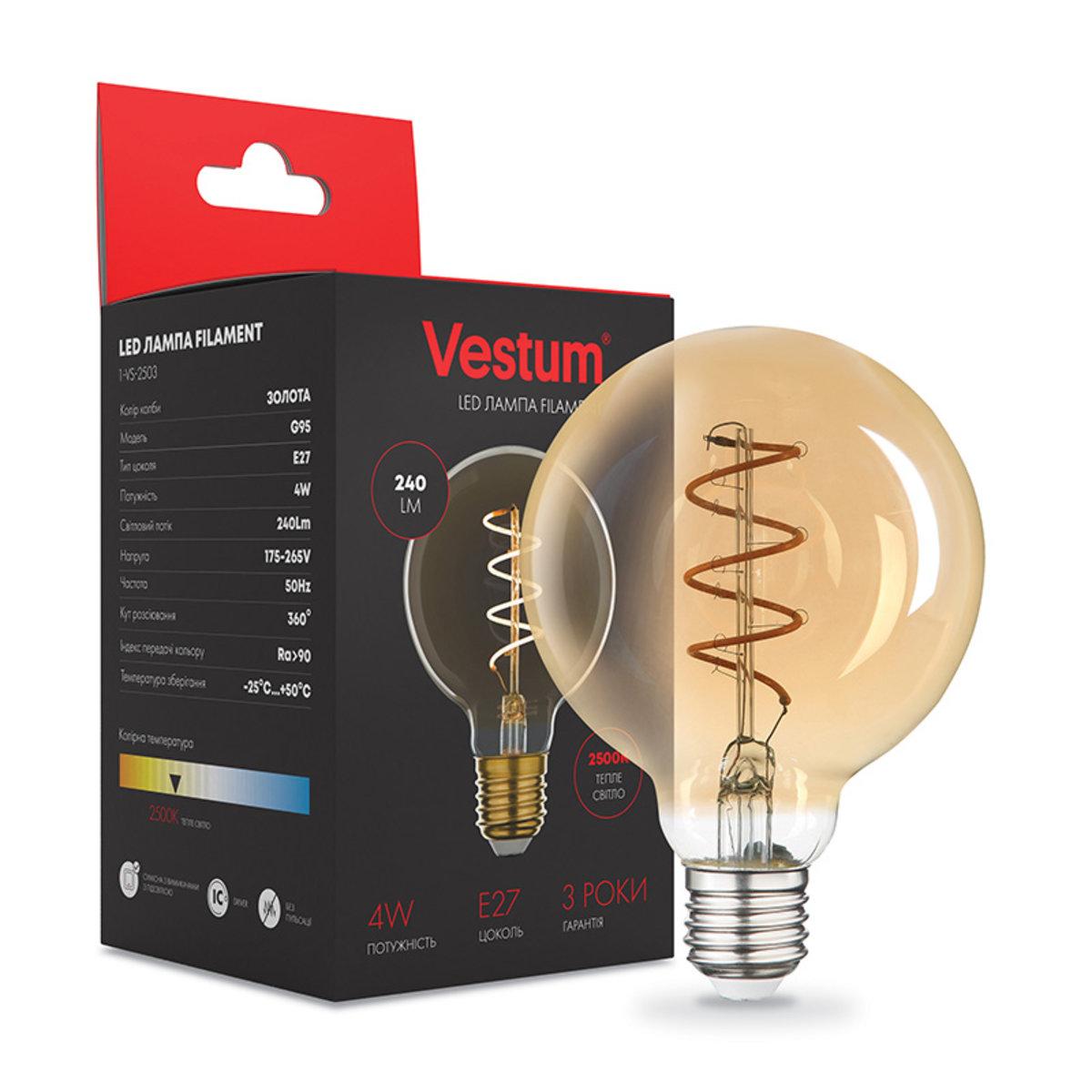 Филаментная лампа Vestum "вінтаж" golden twist G95 Е27 4Вт 220V 2500К 1-VS-2503