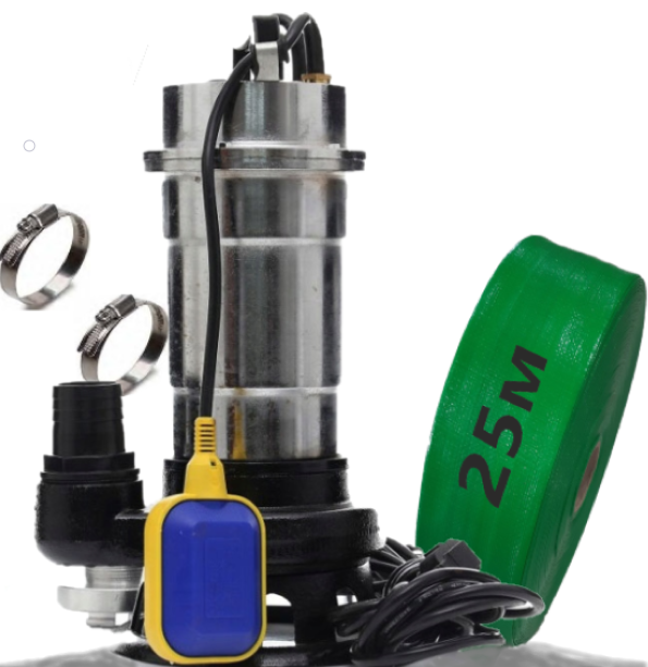 Фекальний насос DELTA WQS 2.5 неіржавка сталь WQEURO + шланг 25 м (GR) з хомутами, фото 1