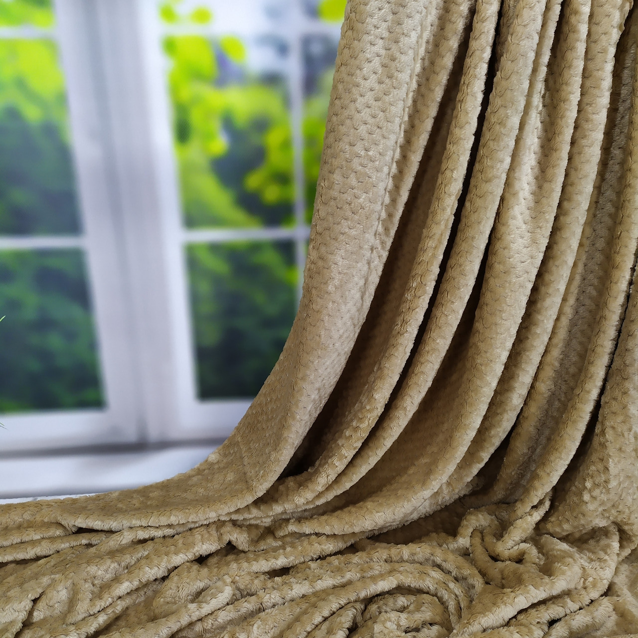 Велюрове покривало, плед бежевого кольору, двоспальний розмір 180*200 см, фото 1