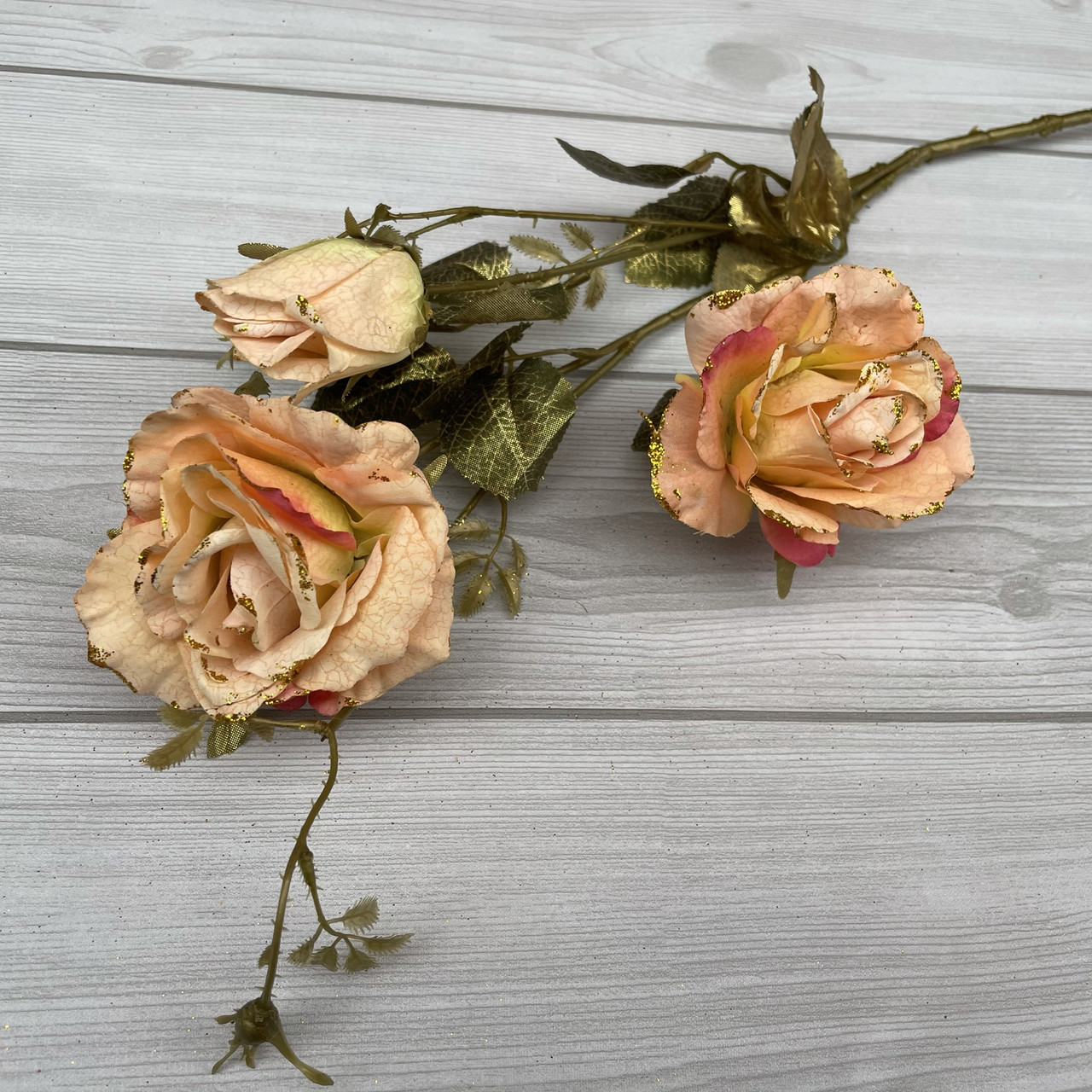 Штучна троянда вінтажна в золотим кантом 90 см (абрикосовий ), фото 1